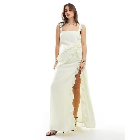 THE FROLIC Women's Ruffle Drape Detail Square Neck Thigh Split Maxi Dress Size M - Picture 1 of 13